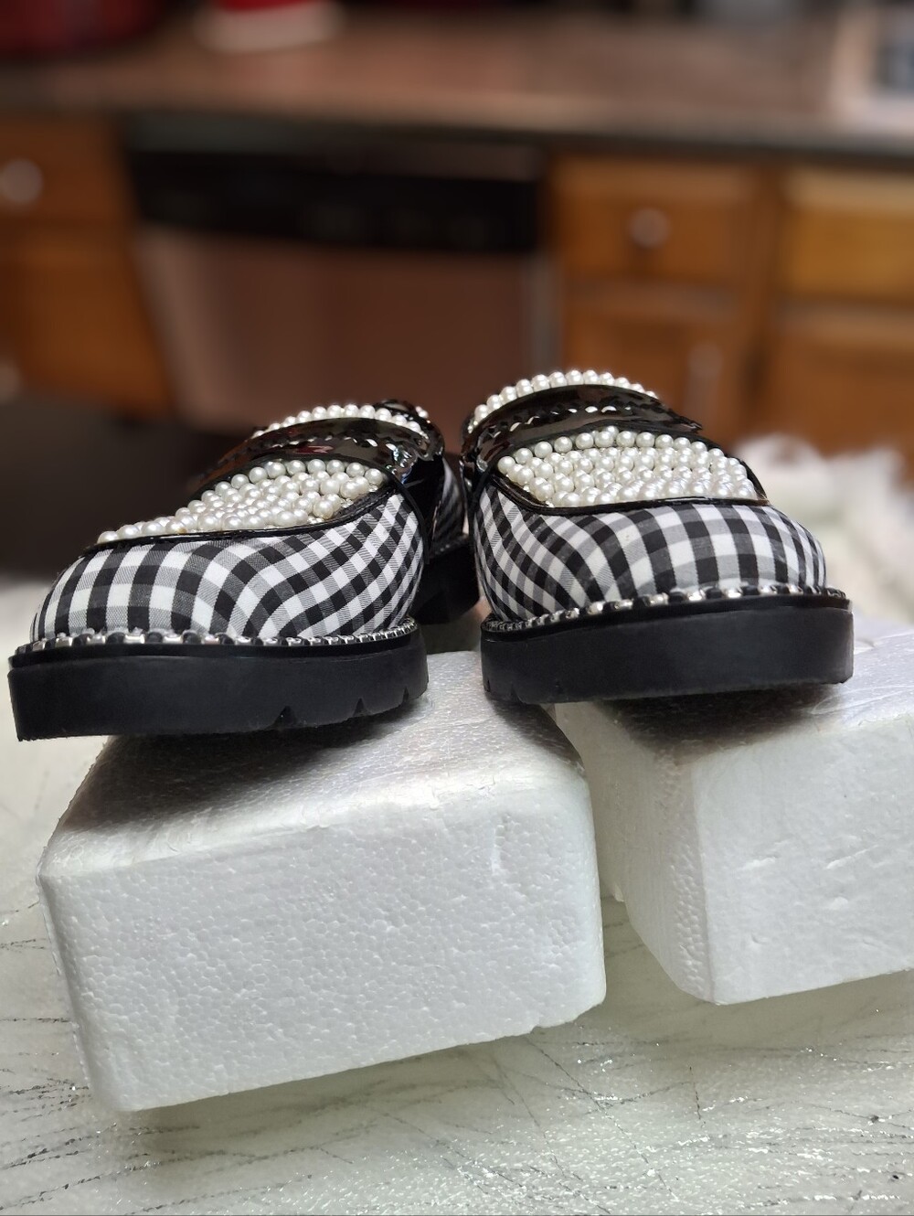 Betsey Johnson Darian Gingham Embellished Loafers Black & White Women Size 7 - Picture 12 of 16